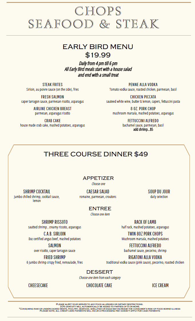 Chops Early Bird Menu